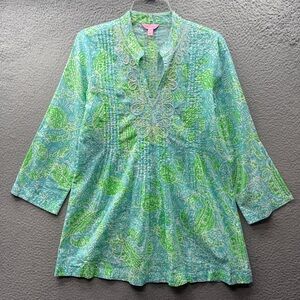 Lilly Pulitzer Tunic Top Blouse Bungle In The Jungle Blue Green Beaded Women’s S